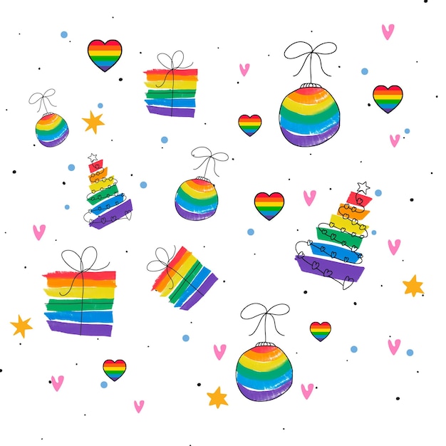 Fashion pattern with gifts Christmas tree toys and hearts in rainbow colors LGBT