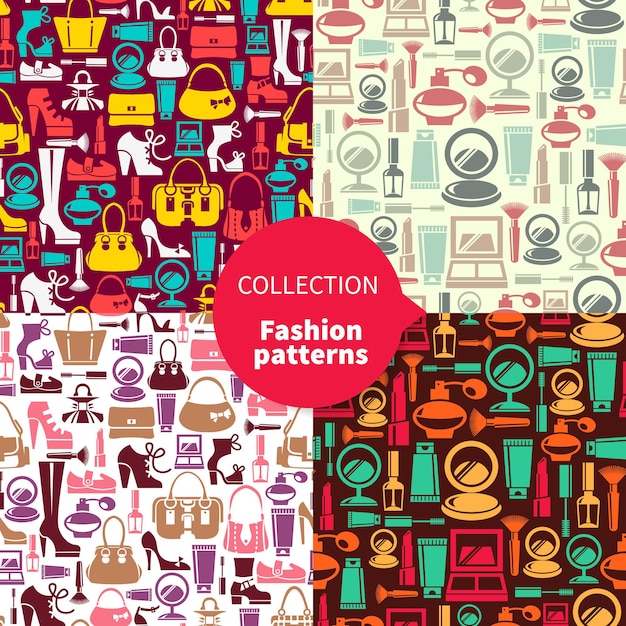 Fashion patterns. set of seamless patterns with beauty female icons