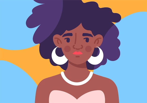 Ritratto di moda sul concetto di copertina ragazza afroamericana con i capelli neri bella donna in abito rosa persona alla moda elemento grafico per il sito web illustrazione vettoriale piatta del fumetto