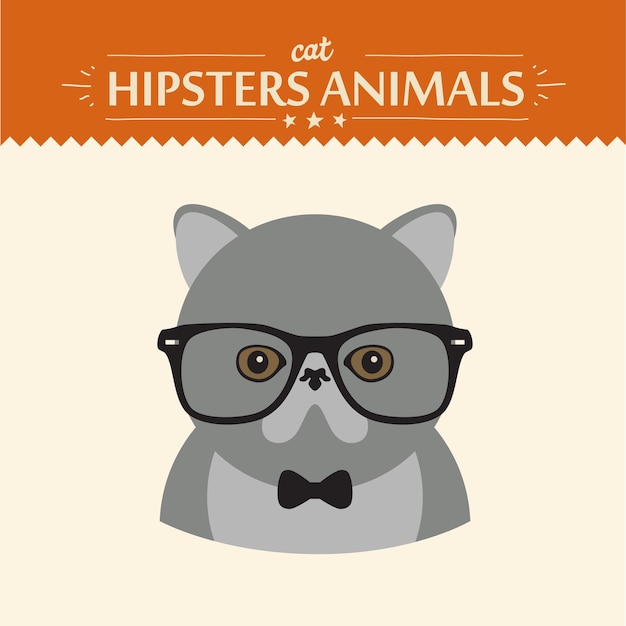 Fashion Portrait of Hipster Cat with glasses and bow flat concept vector illustration