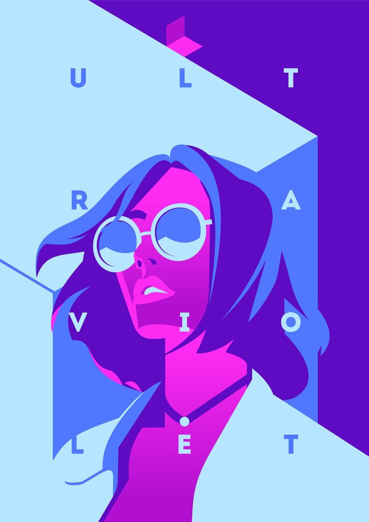 Vector fashion portrait of a model girl and neon light ultraviolet trendy colors poster or flyer
