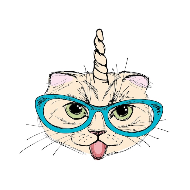 Fashion Portrait Unicat cute cat horn isolated on white background hand drawn vector illustration