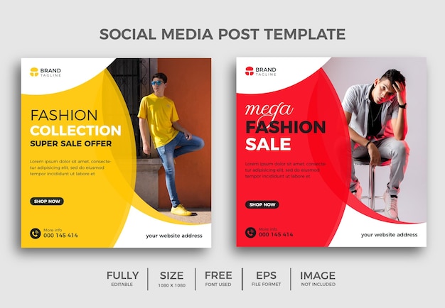 Fashion sale editable square banner template. red and yellow color background  social media post