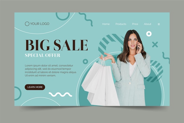 Vector fashion sale landing page template with photo of woman