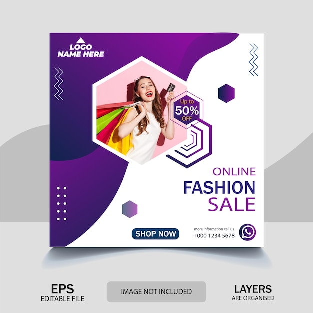 Fashion sale social media post banner design template, online marketing promotion banner.