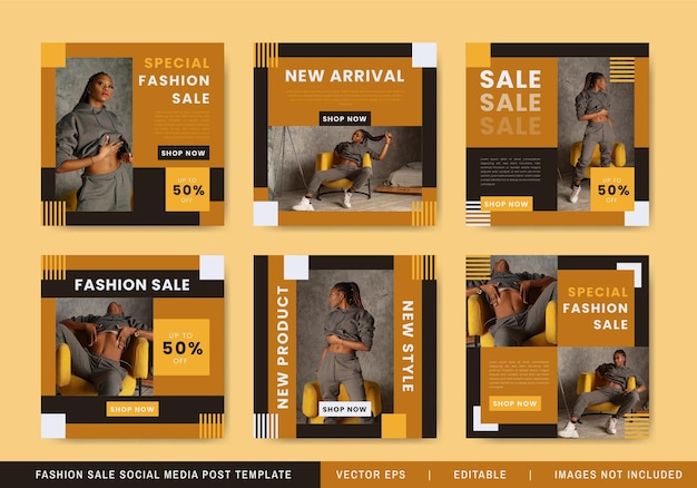Fashion sale social media post template collection with brown and black color
