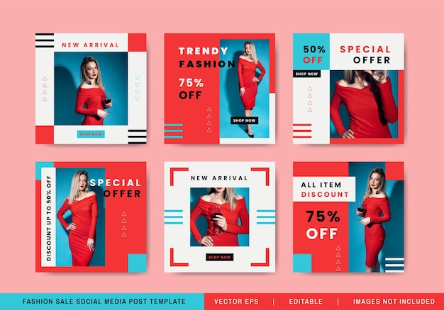 빨강 및 파랑 색상의 패션 판매 소셜 미디어 포스트 템플릿 컬렉션