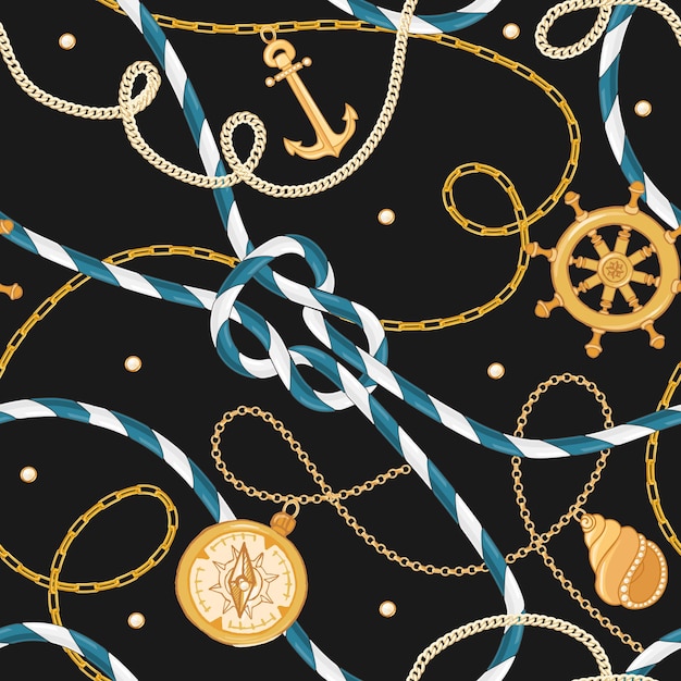 Бесшовный узор моды с золотыми цепями и якорь для дизайна ткани. морской фон с веревкой, узлами, флагами и морскими элементами. векторная иллюстрация