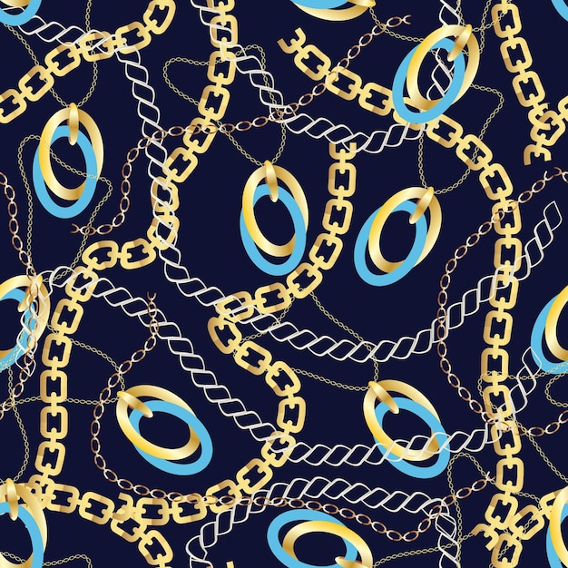 Fashion Seamless Pattern with Golden Chains Fabric Design Background with Chain Metallic accessories Luxurious linear print with fashion accessories