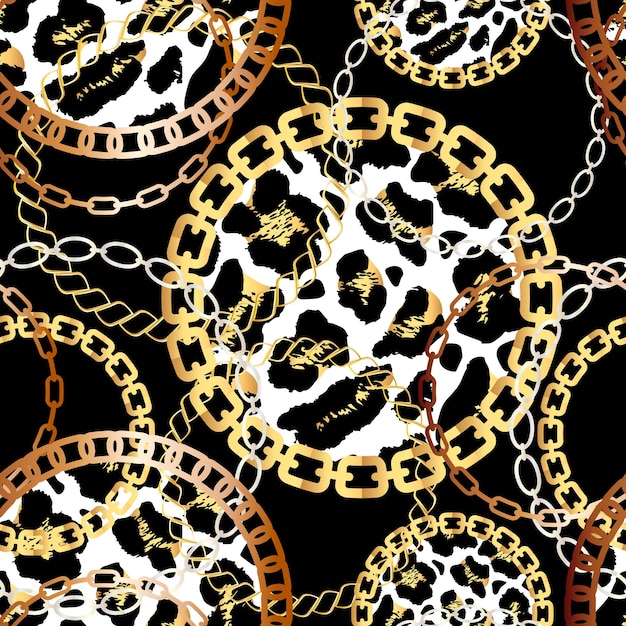 Модный бесшовный узор с золотыми цепями и леопардовым принтом Дизайн ткани Фон с цепочкой Металлические аксессуары Роскошный линейный принт с модными аксессуарами