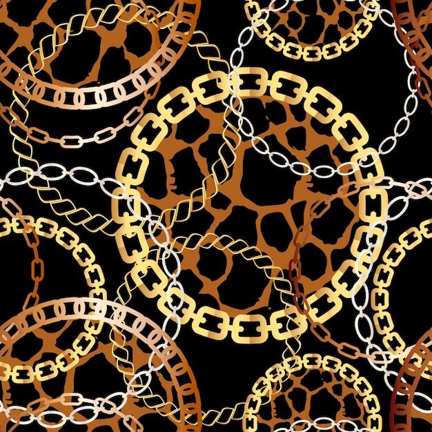 Vector fashion seamless pattern with golden chains and leopard print fabric design background with chain metallic accessories luxurious linear print with fashion accessories