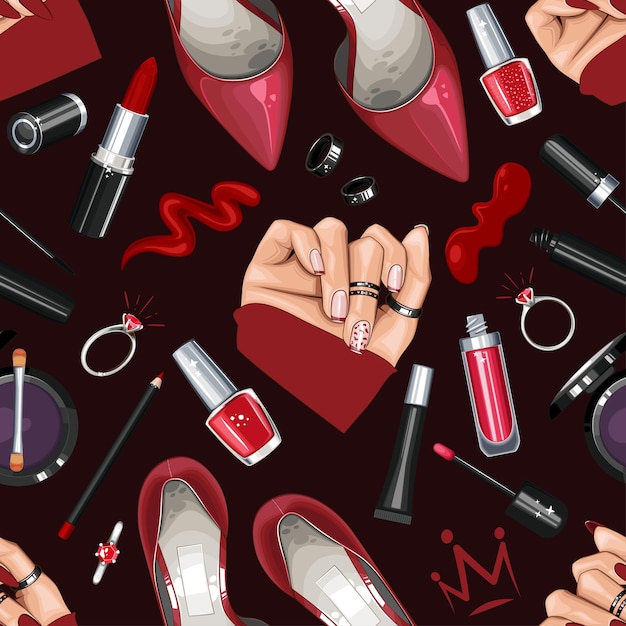 Vector fashion seamless pattern with shoes nails manicure makeup beauty seamless background