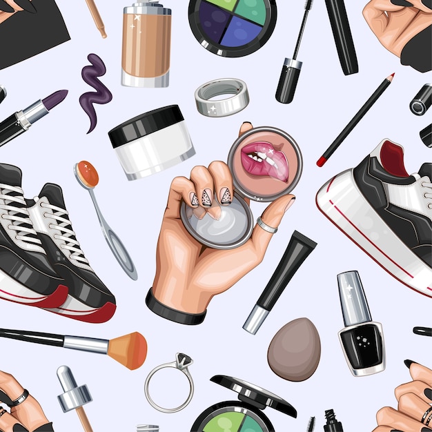 Vector fashion seamless pattern with shoes nails manicure makeup beauty seamless background