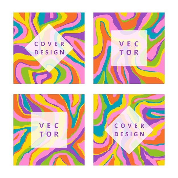 Fashion set of abstract square banner with striped texture psychedelic background