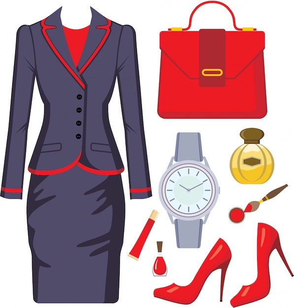 Vector fashion set from a female suit, accessories and cosmetics