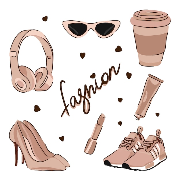 Vector fashion set for girls with accessories in doodle style