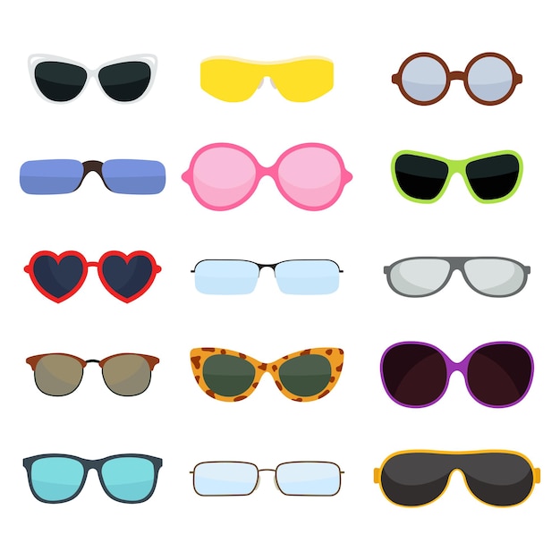 Fashion set sunglasses accessory sun spectacles plastic frame modern eyeglasses vector illustration