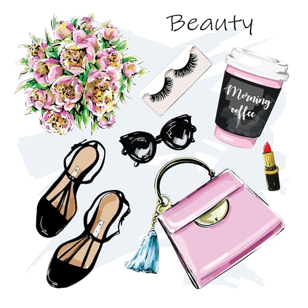 Fashion set with bag paper coffee cup lipstick shoes sunglasses flowers eyelashes