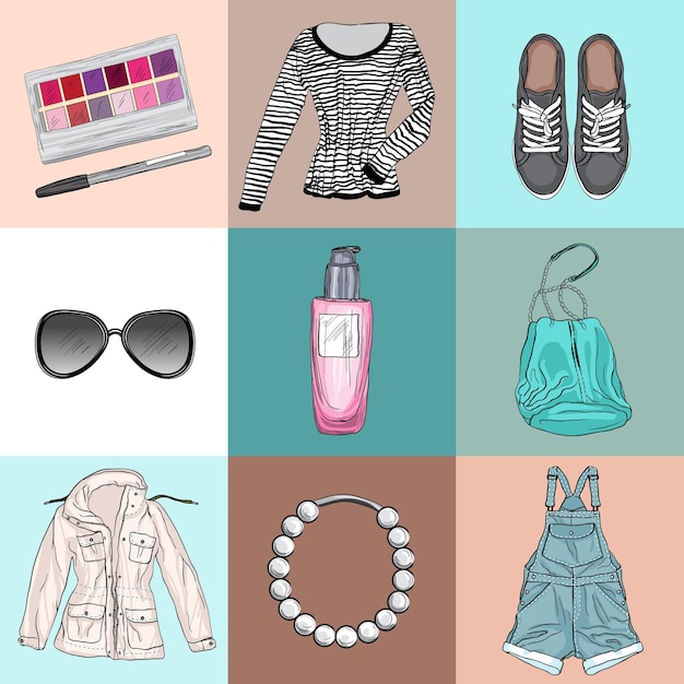 Vector fashion set of woman's clothes accessories and cosmetics