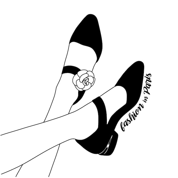 Vettore illustrazione vettoriale disegnata a mano delle scarpe di moda gambe in scarpe nere carine e di classe con un fiore dec