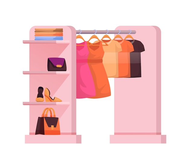 ハンガーにドレスやtシャツの洋服を展示するファッションショップ靴棚に洋服バッグの山モダンなブティックデザイン要素