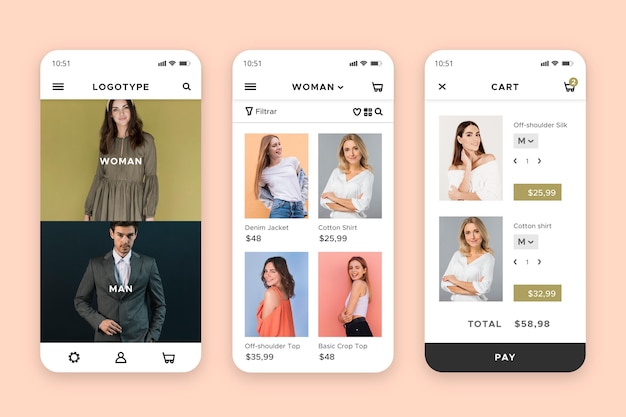 Vettore interfaccia dell'app per lo shopping di moda