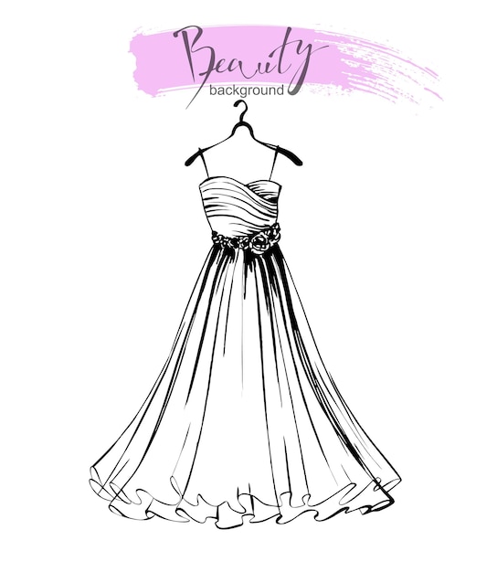 Fashion sketch of a beautiful women's dress. Wedding gown. Vector template.