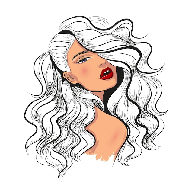 Vector fashion sketch of woman with wavy hair