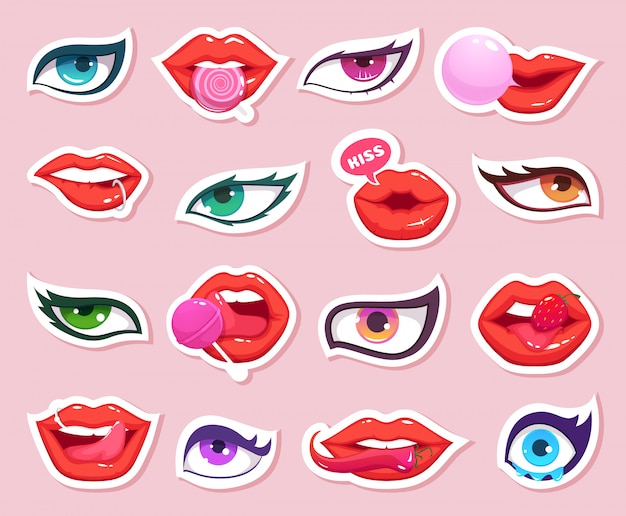 Fashion stickers. sexy woman lips with candy and eyes comics smiling mouth makeup retro  stickers