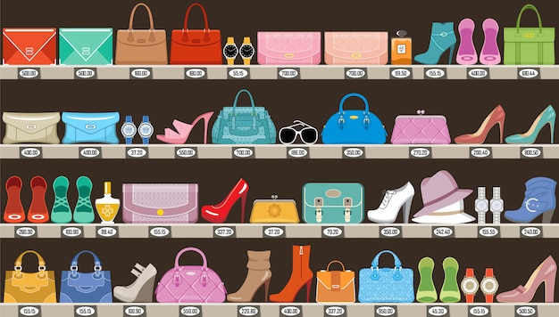 Вектор Магазин модной одежды. бутик аксессуаров, сумок и обуви
