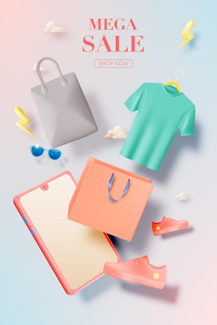 Vector fashion stuff and mobile phone for sale banner online shopping application in 3d realistic art style and pastel scheme vector illustration