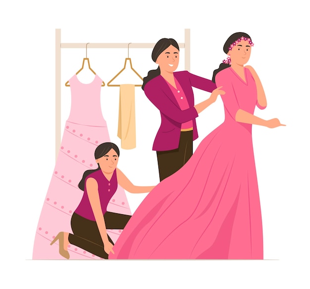 Vettore stylist di moda donne che provano l'abito da sposa per la sposa