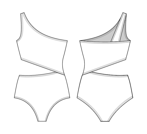 Fashion technical drawing of asymmetrical swimsuit