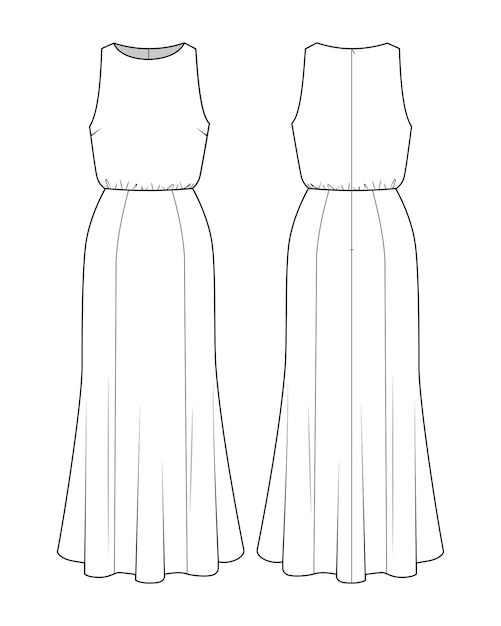 Fashion technical drawing of long sleeveless dress Fashion flat sketch