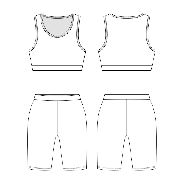 サイクリングショーツとクロップトップのファッション製図