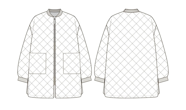 Fashion technical drawing of oversized quilted jacket with zip