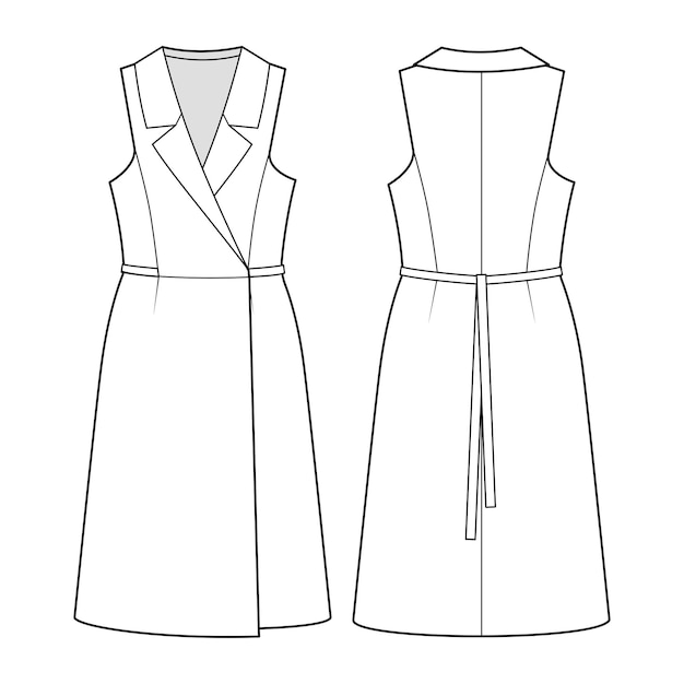 Fashion technical drawing of sleeveless wrap dress with collar