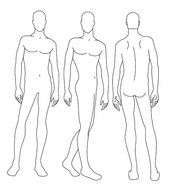 다른 포즈를 취한 남자의 패션 템플릿은 기술 도면을 위한 9개의 머리 크기