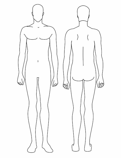 다른 포즈를 취한 남자의 패션 템플릿은 기술 도면을 위한 9개의 머리 크기