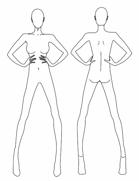 テクニカル ドローイングのさまざまなポーズ 9 ヘッド サイズの女性のファッション テンプレート