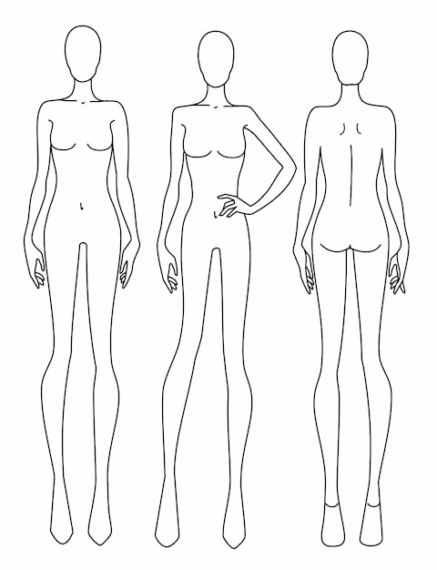 벡터 기술 도면을 위한 다양한 포즈의 여성 패션 템플릿 9 머리 크기