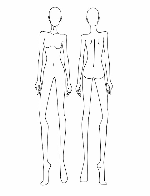 Вектор Модный шаблон женщин в разных позах 9 размеров головы для технического рисования