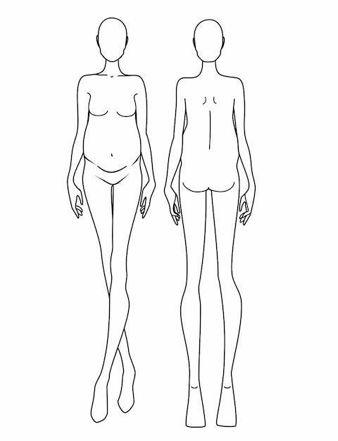 Vector fashion template of women in different poses 9 head size for technical drawing, 
pregnant woman