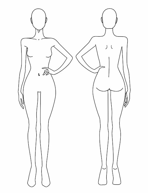 Vector fashion template of women in different poses 9 head size for technical drawing