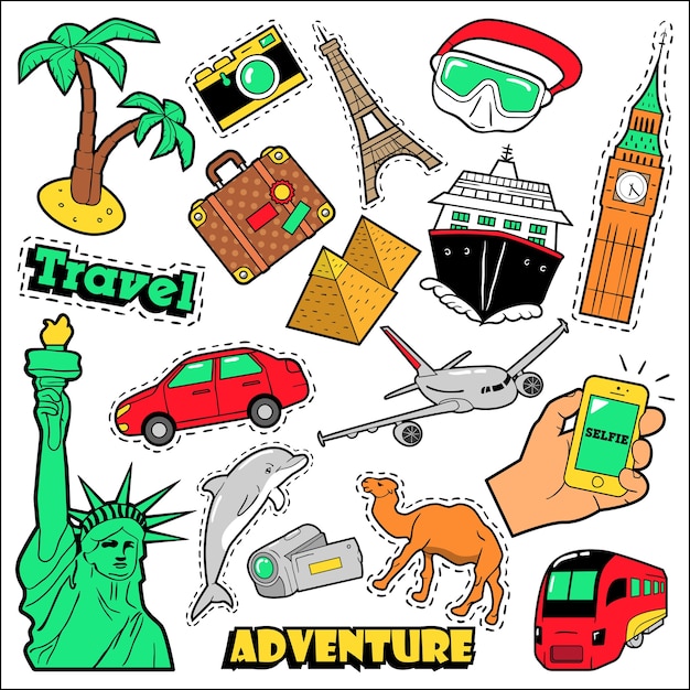 Fashion travel badges, patches, stickers. architecture, adventure, world cruise in comic style.  illustration