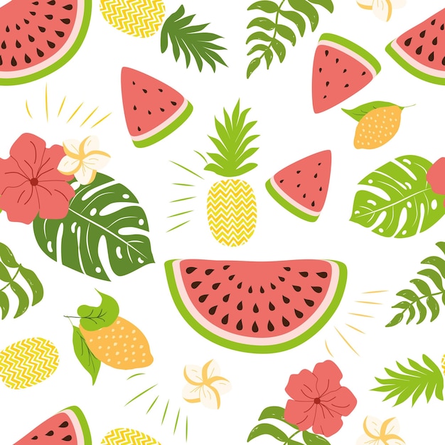 Fashion tropics funny wallpapers Seamless pattern with pineapples watermelon tropical leaves flowers