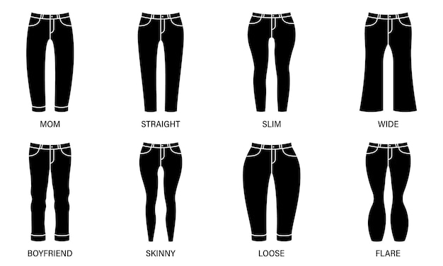 Fashion Type of Woman Pants Silhouette Icon Style of Woman Denim Trousers Sketch Pictogram Template