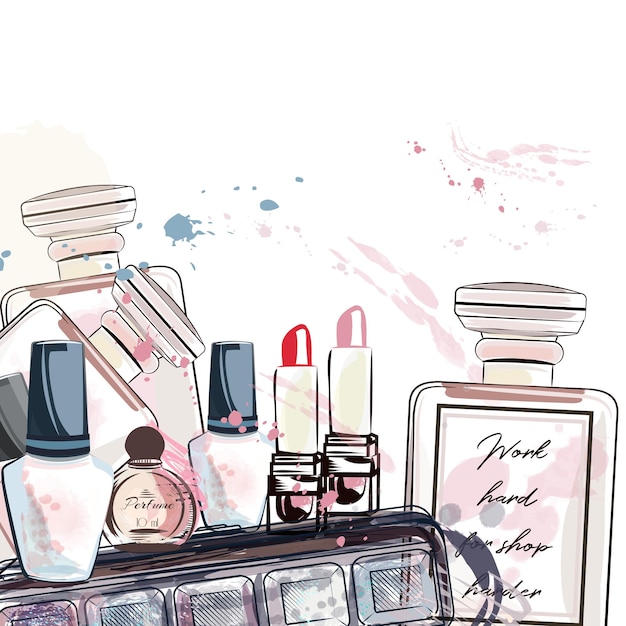 Fashion vector background with perfume bottles and cosmetics