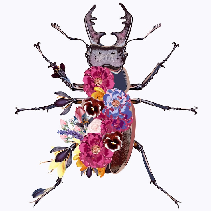 Vector fashion vector illustration with beetle and flowers in vintage style