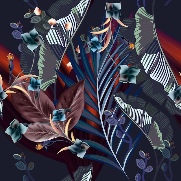 fashion vector pattern with orchids and tropical plants in vintage style